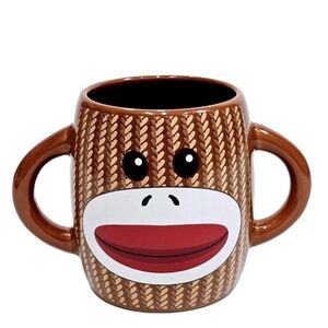 Galerie Sock Monkey Double Handle Coffee Cup Mug Brown Face Ceramic Collectible